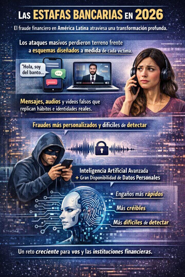 Infografía en tonos azules titulada “Las estafas bancarias en 2026”. Describe cómo el fraude financiero en América Latina dejó los ataques masivos y adoptó esquemas personalizados. Incluye ilustraciones de un celular con mensajes falsos, una videollamada manipulada, una mujer atendiendo una llamada sospechosa, un ciberdelincuente con capucha, una onda de audio y un rostro de inteligencia artificial. Resalta que los engaños son más rápidos, más creíbles y más difíciles de detectar para las personas y las instituciones financieras.