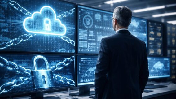 Director de TI ante paneles de monitoreo con candado y nube digital que representan seguridad cloud integrada en infraestructura multicloud corporativa