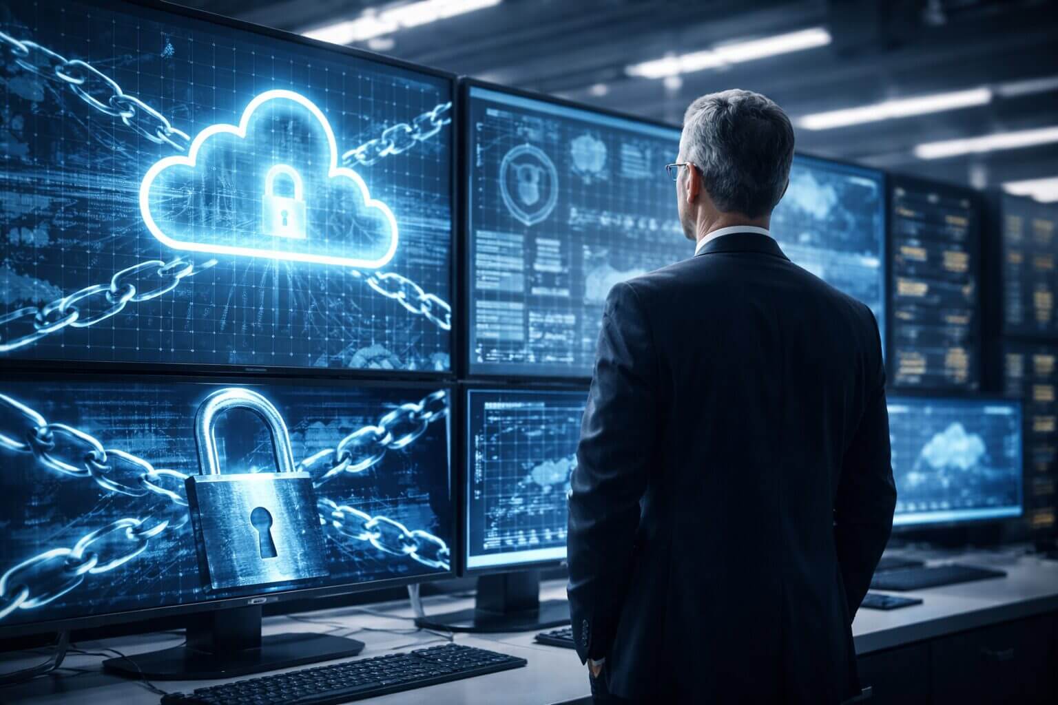 Director de TI ante paneles de monitoreo con candado y nube digital que representan seguridad cloud integrada en infraestructura multicloud corporativa
