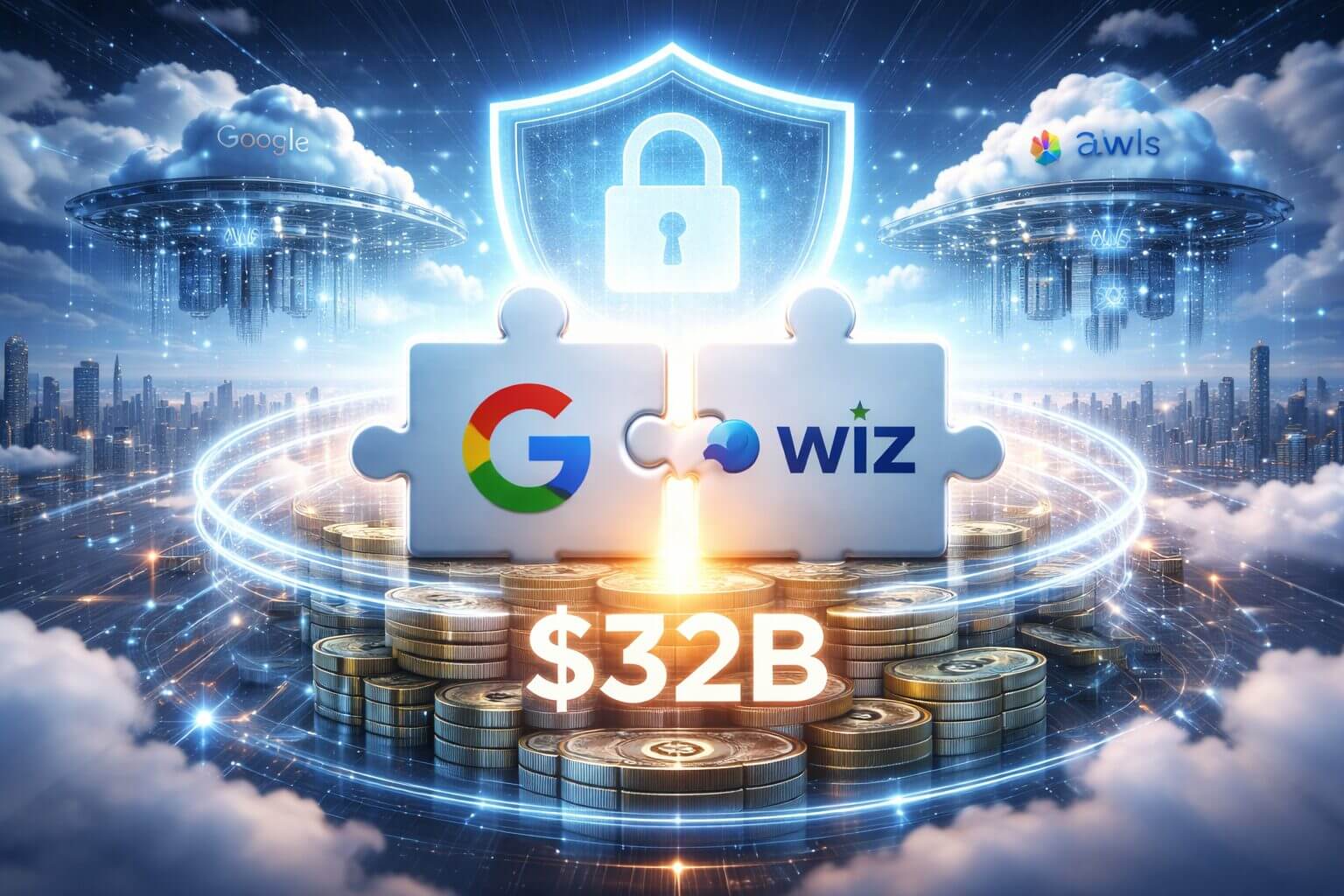 Logos de Google y Wiz unidos como piezas sobre monedas con cifra 32B y escudo digital que simboliza seguridad cloud integrada tras la adquisición