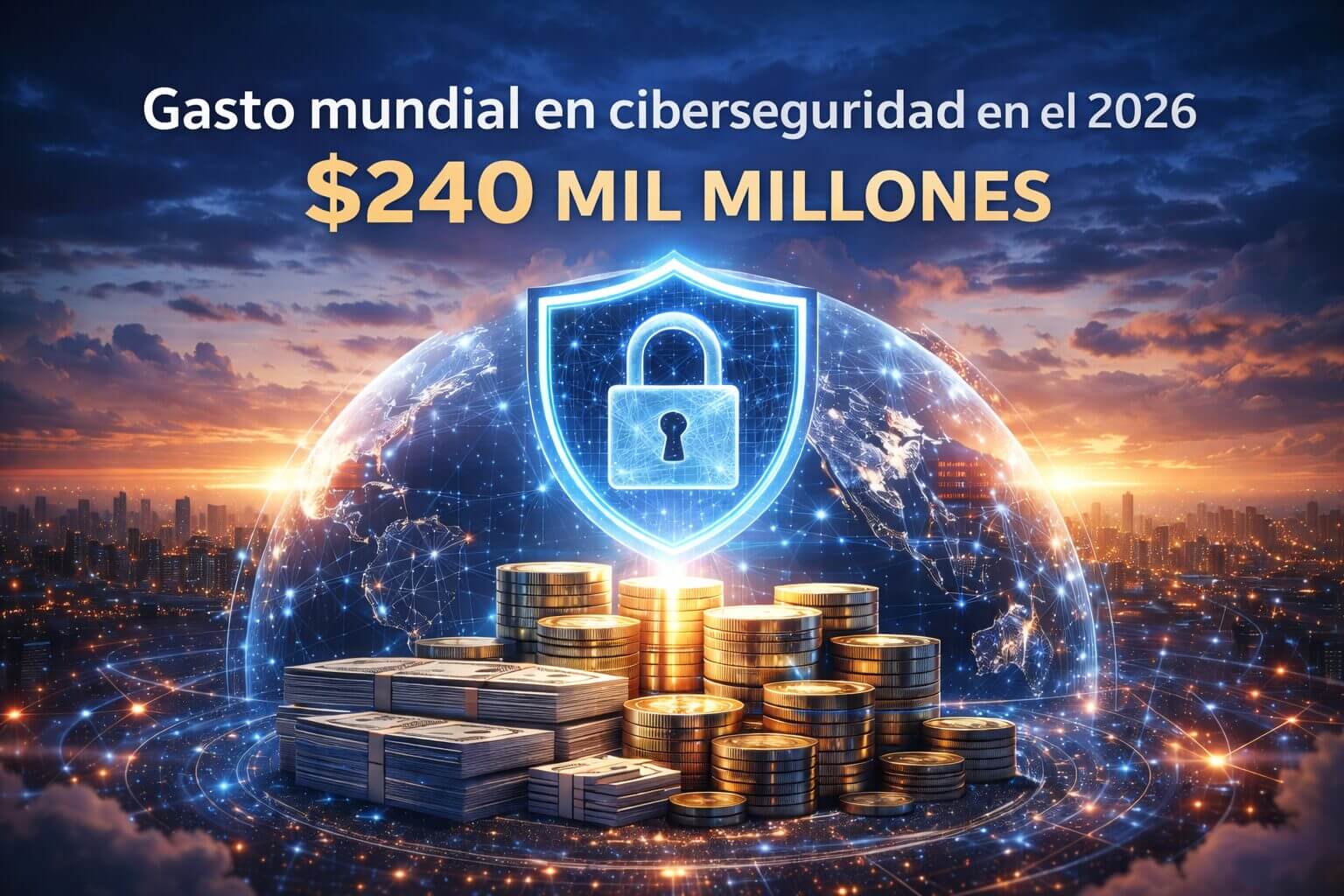 Escudo digital con candado sobre el planeta y pilas de dinero que ilustran inversión récord en ciberseguridad y seguridad cloud integrada en 2026