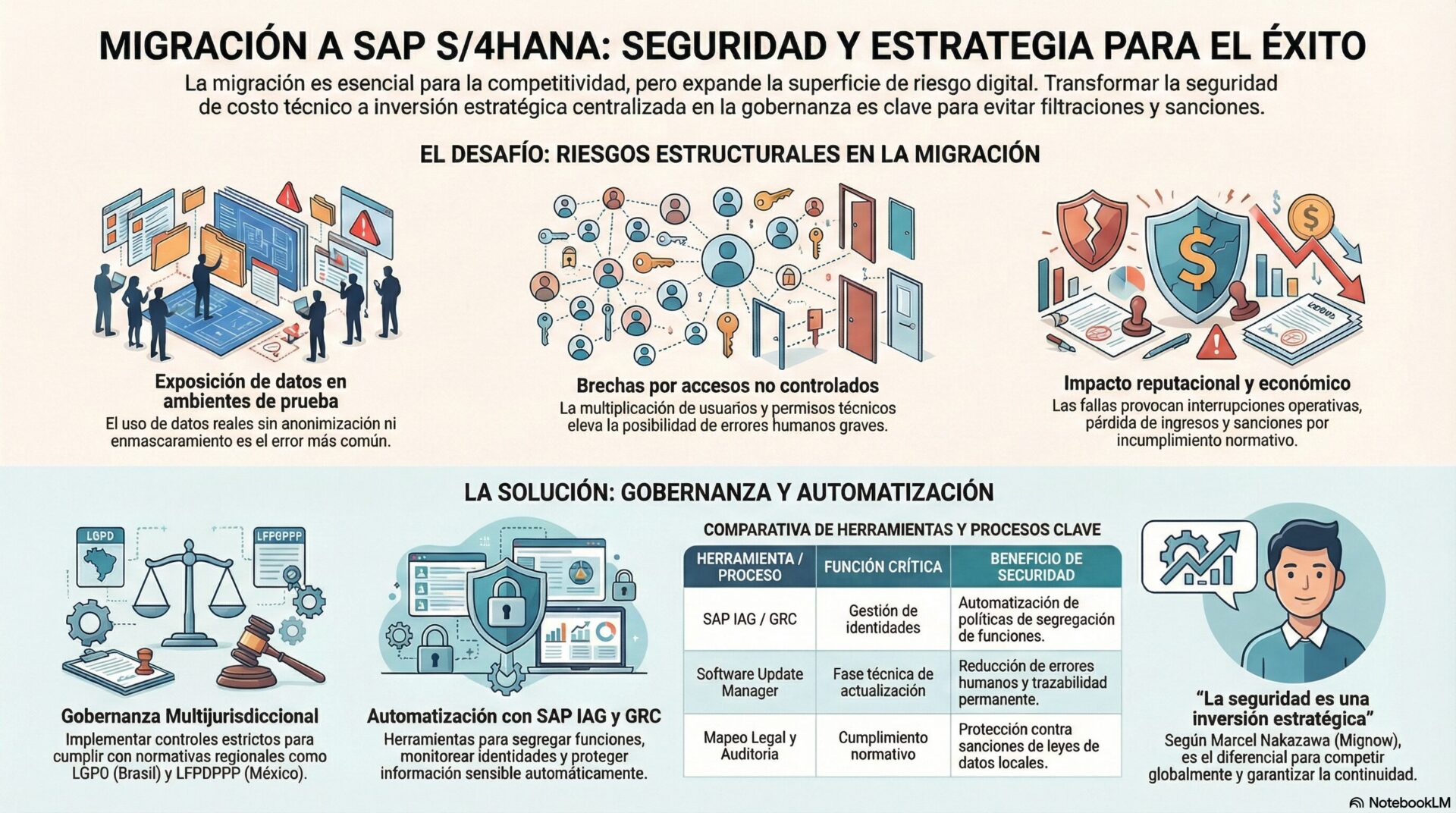 Representación visual de una modernización tecnológica segura, que ilustra el flujo de datos hacia sistemas integrados protegidos por herramientas de control de accesos y políticas de gobernanza para asegurar la continuidad del negocio.