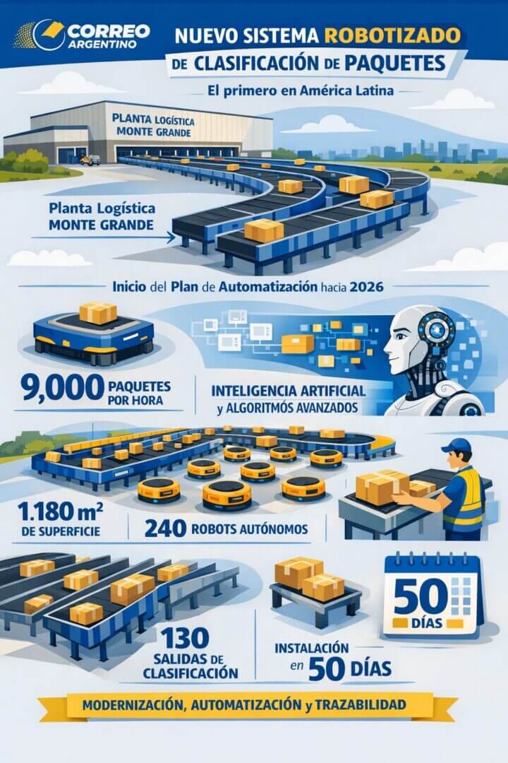 Infografía en tonos azul y amarillo que muestra la planta logística de Monte Grande de Correo Argentino con cintas transportadoras, paquetes y robots autónomos. Destaca datos clave como 9.000 paquetes por hora, 1.180 metros cuadrados de superficie, 240 robots, 130 salidas de clasificación y montaje en 50 días, junto a referencias a inteligencia artificial y automatización.