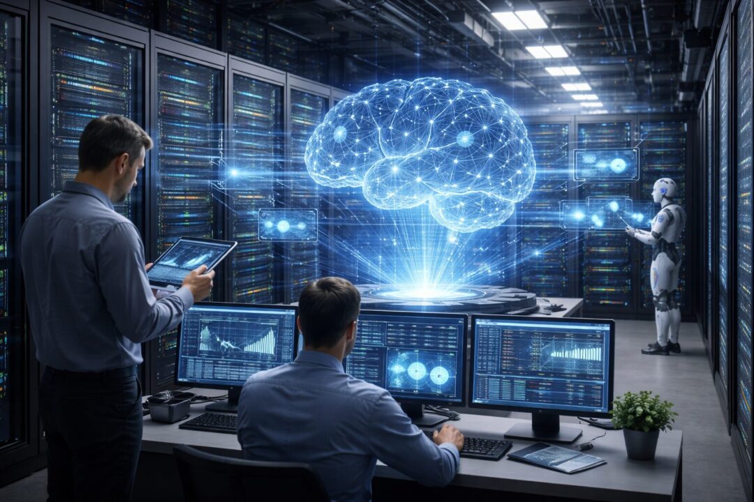 Ingenieros supervisan infraestructura con inteligencia artificial en un centro de datos, donde un cerebro digital holográfico representa la automatización de TI autónoma y predictiva.