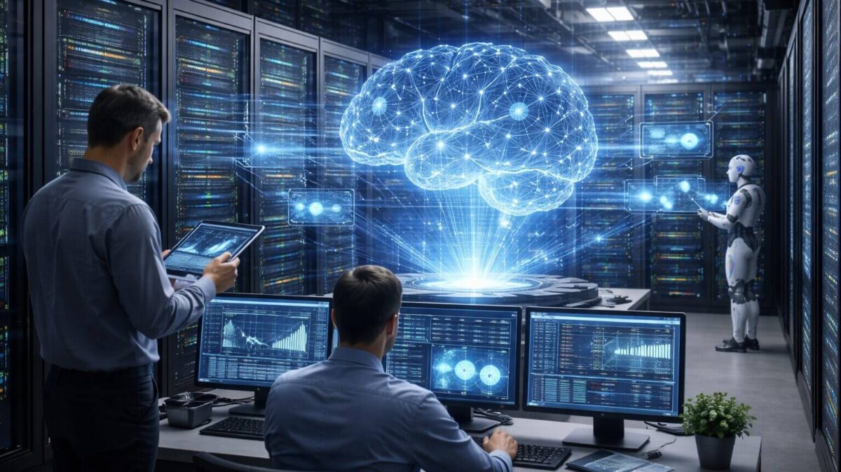 Ingenieros supervisan infraestructura con inteligencia artificial en un centro de datos, donde un cerebro digital holográfico representa la automatización de TI autónoma y predictiva.