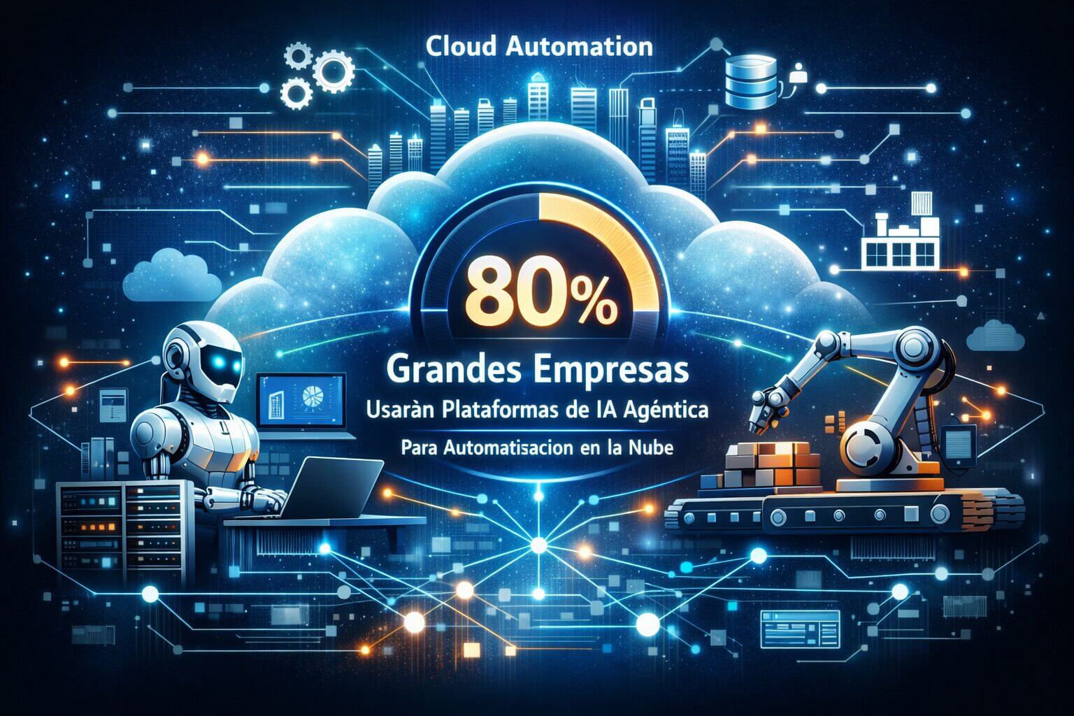 Infografía con 80% destacado, robots industriales y entorno de nube digital que representa la automatización de TI con plataformas de IA agéntica para grandes empresas.