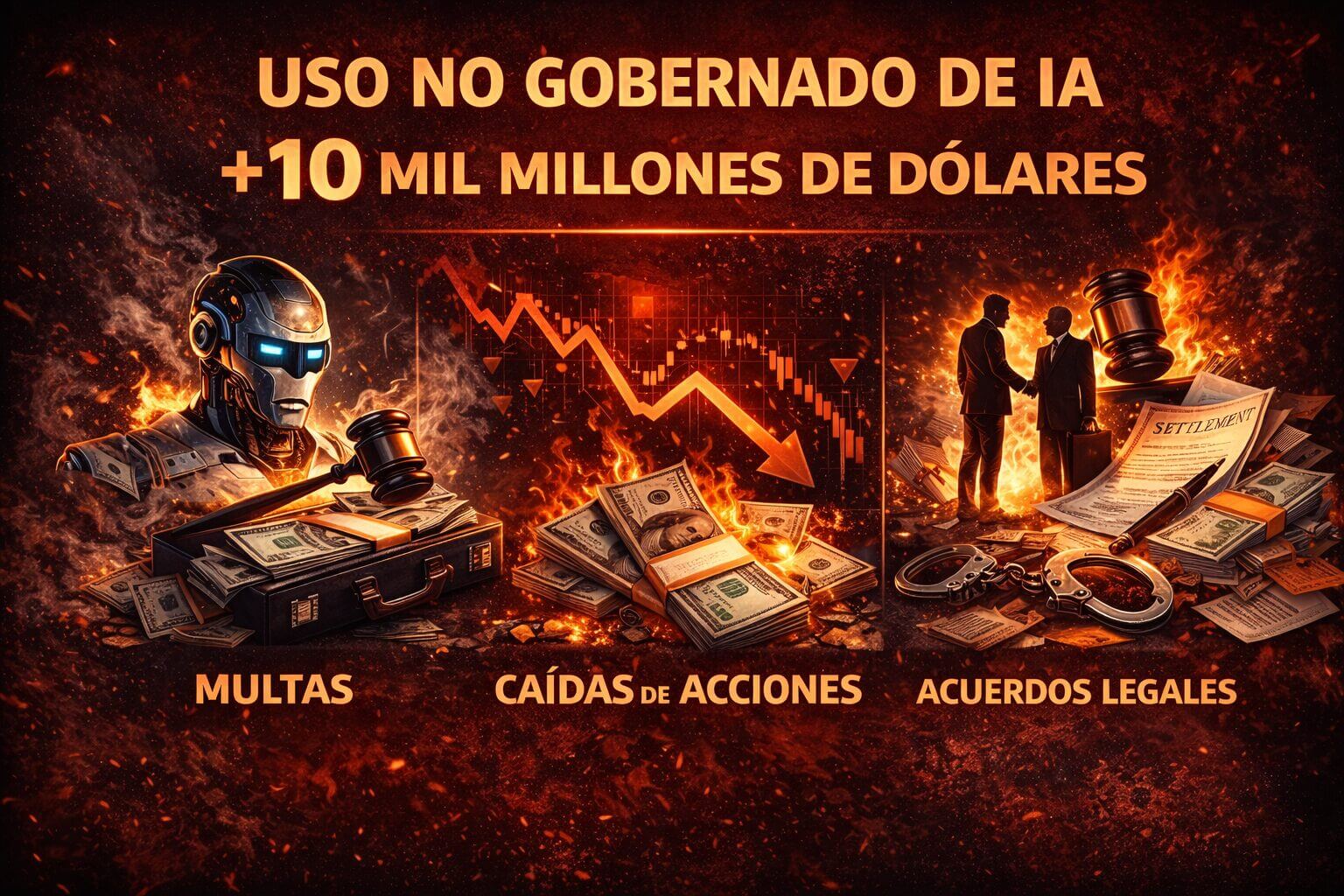 Ilustración con robot, mazo judicial, caída bursátil y billetes en llamas que representa pérdidas de más de 10 mil millones de dólares por uso no gobernado de IA y falta de automatización de TI con control.