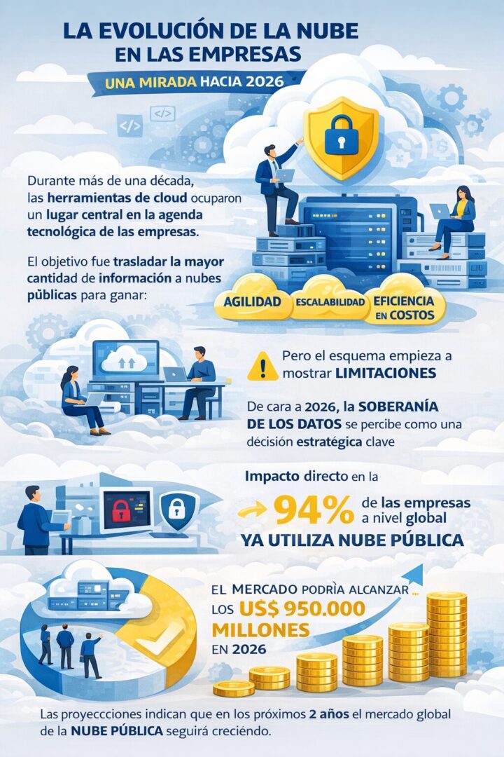 Infografía sobre la evolución de la nube en las empresas con ilustraciones de servidores, nubes digitales y profesionales de tecnología. Explica que durante más de una década las compañías trasladaron información a nubes públicas para lograr agilidad, escalabilidad y eficiencia en costos. También destaca el crecimiento del mercado, con un 94% de adopción global de nube pública y proyecciones que estiman un valor cercano a US$ 950.000 millones hacia 2026, junto con la creciente importancia de la soberanía de los datos.
