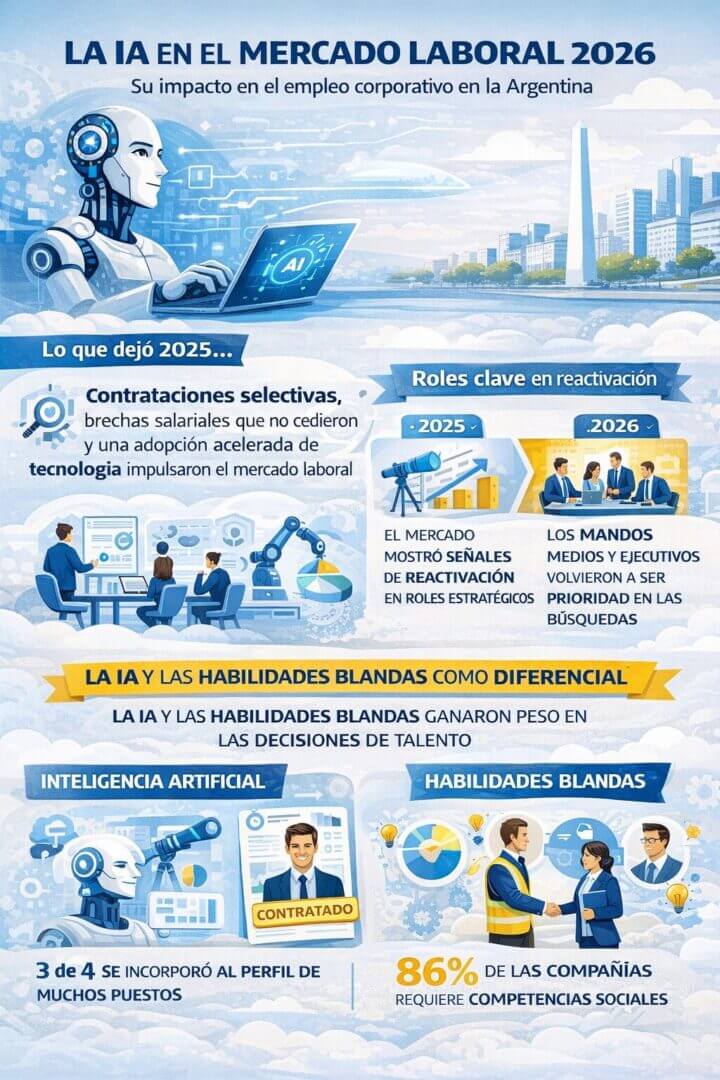 Infografía ilustrada sobre la IA en el mercado laboral 2026 en Argentina. Incluye imágenes de un robot utilizando una computadora, profesionales analizando datos y equipos de trabajo. Explica que en 2025 hubo contrataciones selectivas, brechas salariales persistentes y mayor adopción tecnológica, mientras que hacia 2026 se observa reactivación en roles estratégicos, con mayor demanda de mandos medios y ejecutivos y creciente importancia de la inteligencia artificial y las habilidades blandas en el empleo corporativo.