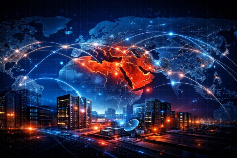 Mapa digital con Medio Oriente en rojo conectado a data centers globales; ilustra el Conflicto Medio Oriente IT y su impacto en infraestructura cloud y energía.