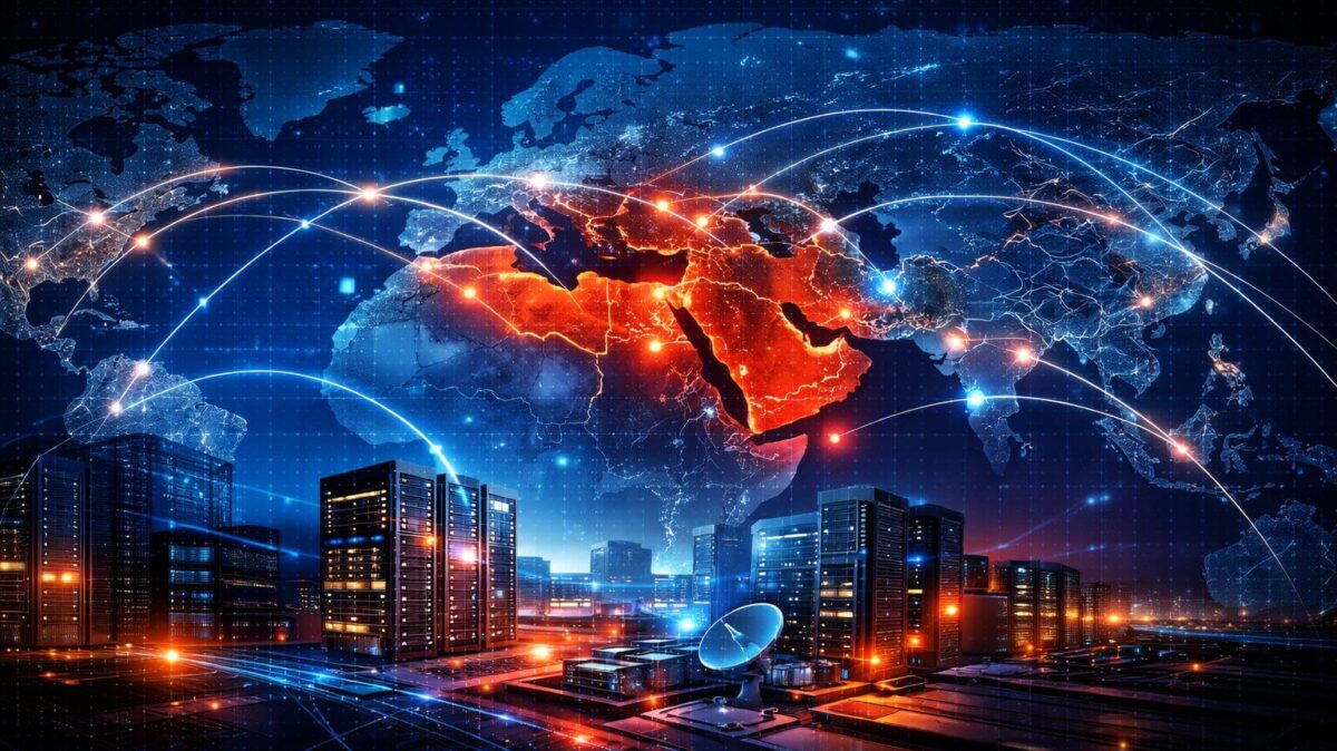 Mapa digital con Medio Oriente en rojo conectado a data centers globales; ilustra el Conflicto Medio Oriente IT y su impacto en infraestructura cloud y energía.