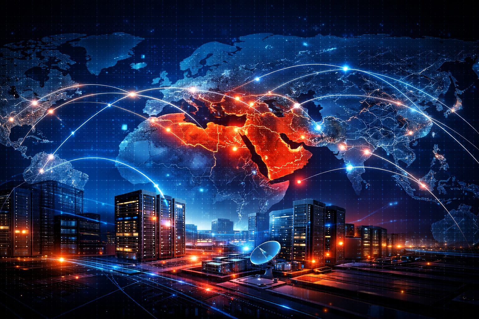 Mapa digital con Medio Oriente en rojo conectado a data centers globales; ilustra el Conflicto Medio Oriente IT y su impacto en infraestructura cloud y energía.