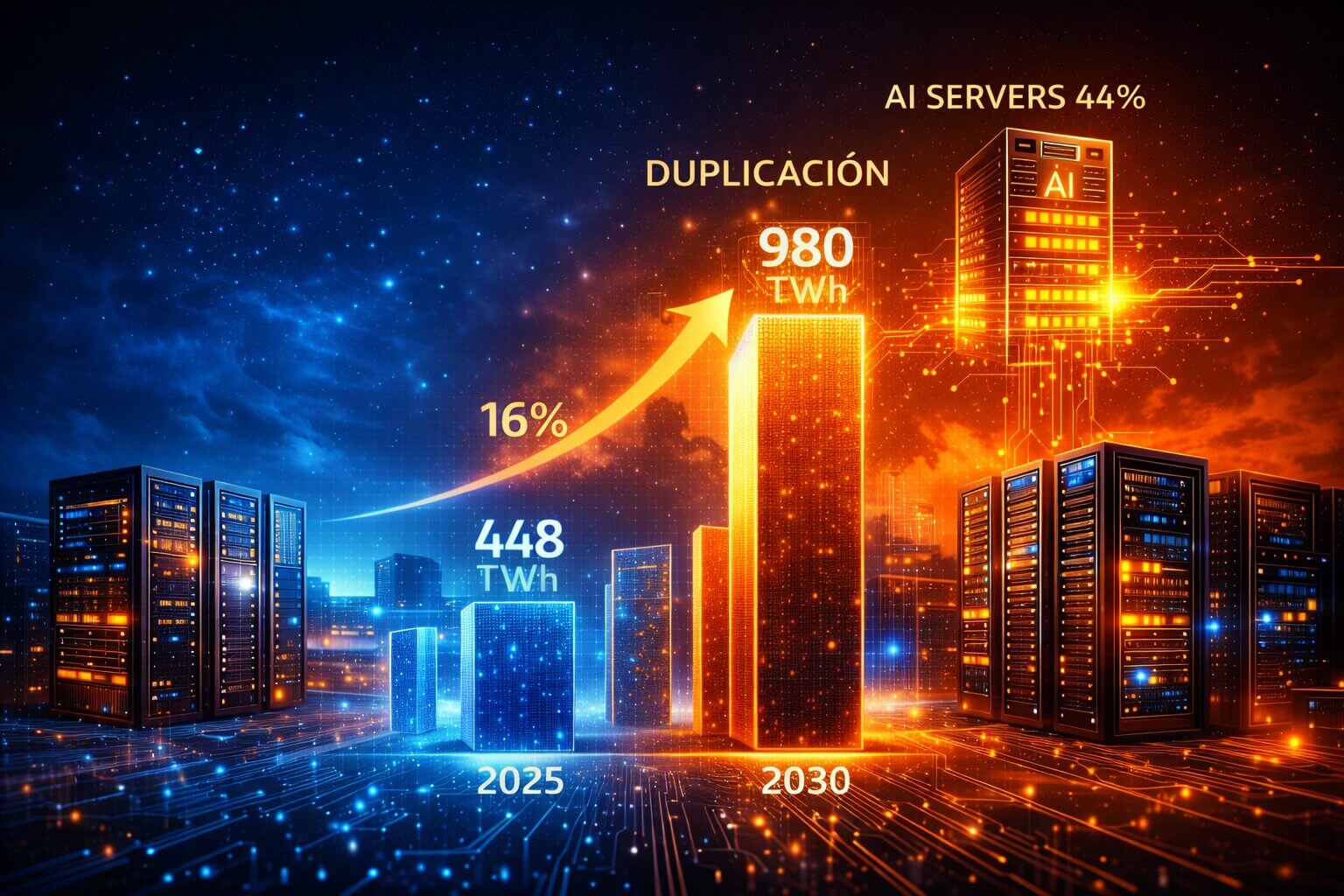 Gráfico digital con crecimiento del consumo eléctrico de data centers de 448 a 980 TWh y servidores de IA; representa el Conflicto Medio Oriente IT y la presión energética sobre la infraestructura cloud.