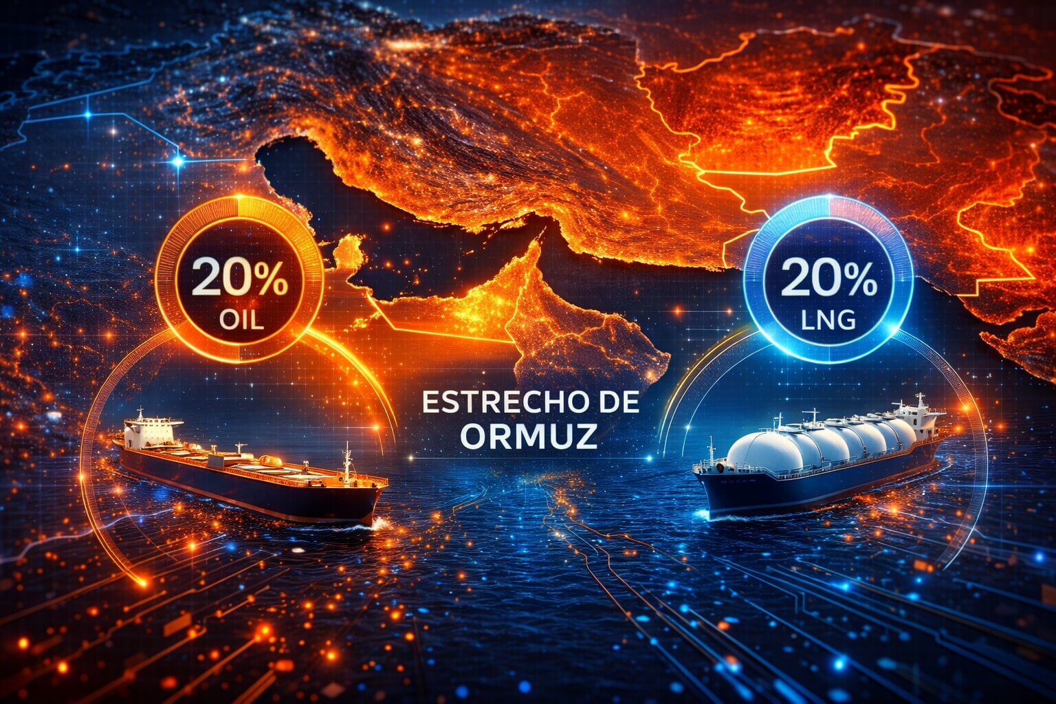 Mapa del Estrecho de Ormuz con buques petroleros y de LNG que muestran el 20% del comercio energético mundial; ilustra el Conflicto Medio Oriente IT y su impacto en energía y tecnología.