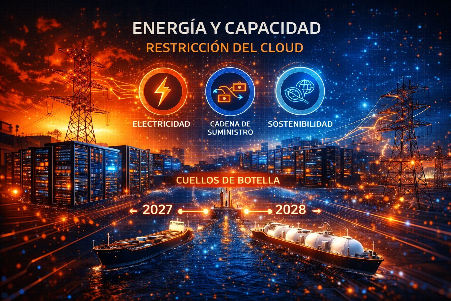 Ilustración de data centers, redes eléctricas y cuellos de botella energéticos que afectan al cloud; representa el Conflicto Medio Oriente IT y la presión sobre electricidad, cadena de suministro y sostenibilidad.