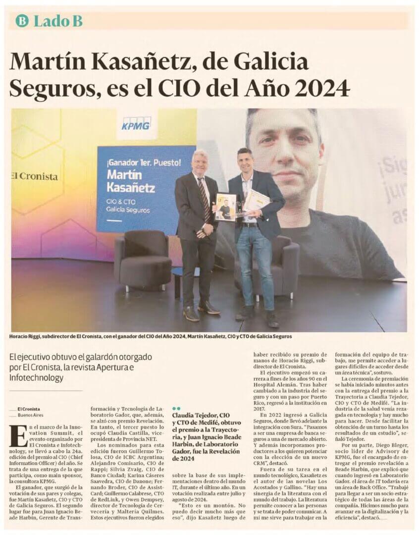 Martín Kasañetz, CIO de Galicia Seguros, recibe el premio CIO del Año 2024 en el evento Innovation Summit