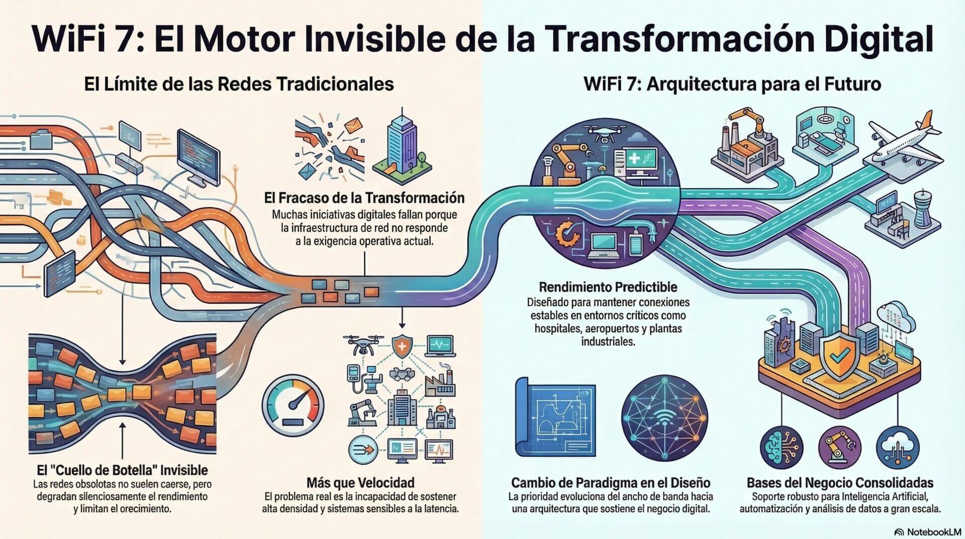 La infografía describe el papel crucial de WiFi 7 en la transformación digital de las organizaciones. Explica que, ante el auge de la IA y la automatización, las redes tradicionales ya no son suficientes
. El gráfico destaca que el desafío actual en lugares como hospitales y fábricas no es solo la velocidad, sino la capacidad de gestionar una alta densidad de conexiones y sistemas sensibles a la latencia
. Finalmente, subraya que WiFi 7 representa un cambio de modelo, priorizando el diseño de la arquitectura sobre el simple ancho de banda para evitar que la red condicione el crecimiento del negocio.