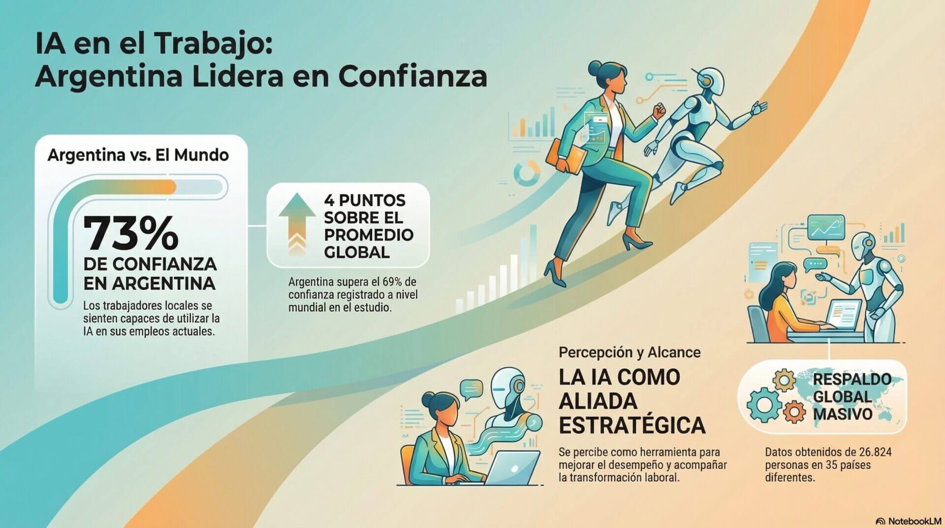  Infografía que muestra que el 73 por ciento de los empleados argentinos se siente confiado en el uso de la Inteligencia Artificial, basándose en un estudio de Randstad a más de 26.000 personas en 35 países.