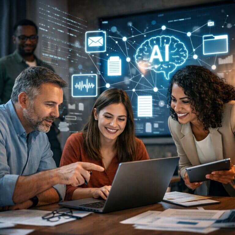 Equipo de profesionales analiza información en una computadora mientras una interfaz digital de inteligencia artificial muestra correos, documentos y datos conectados en una red.