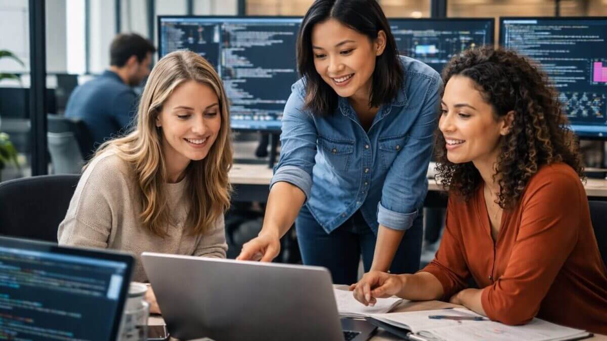 Equipo diverso de mujeres trabajando en desarrollo digital, ejemplo de diversidad en equipos tecnológicos que mejora la innovación