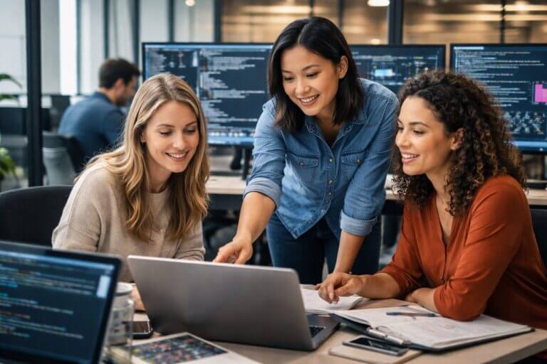 Equipo diverso de mujeres trabajando en desarrollo digital, ejemplo de diversidad en equipos tecnológicos que mejora la innovación