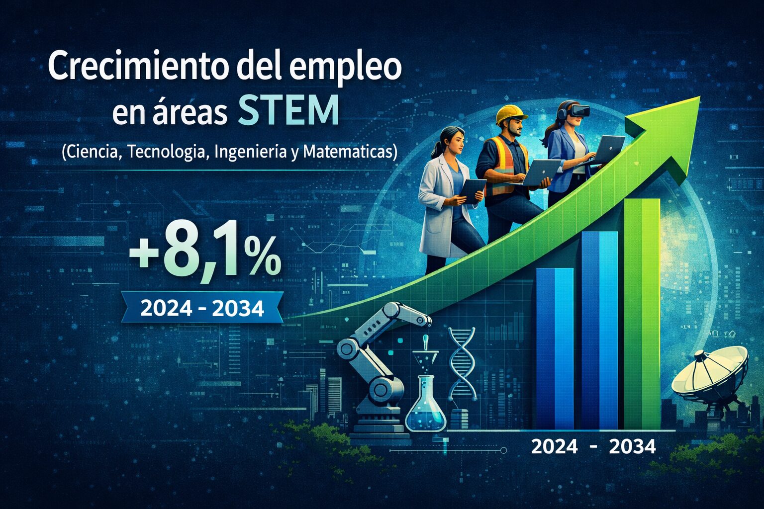 Gráfico sobre crecimiento del empleo STEM con profesionales diversos, relacionado con diversidad en equipos tecnológicos y demanda de talento