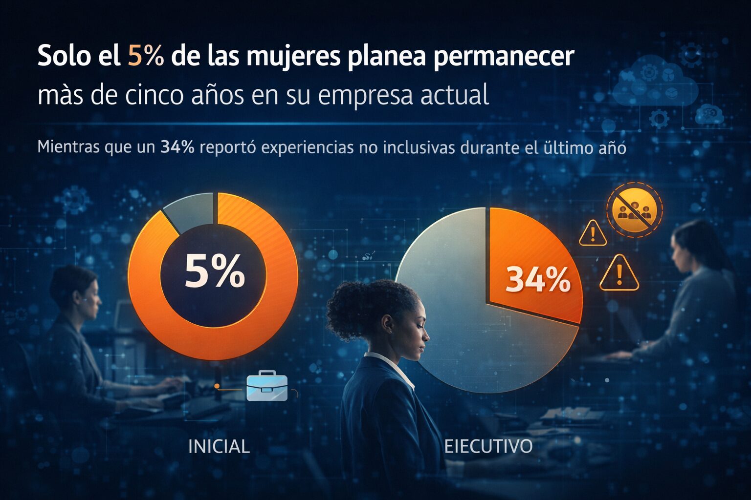 Gráfico con datos de permanencia y experiencias laborales que afecta la diversidad en equipos tecnológicos y la retención de talento