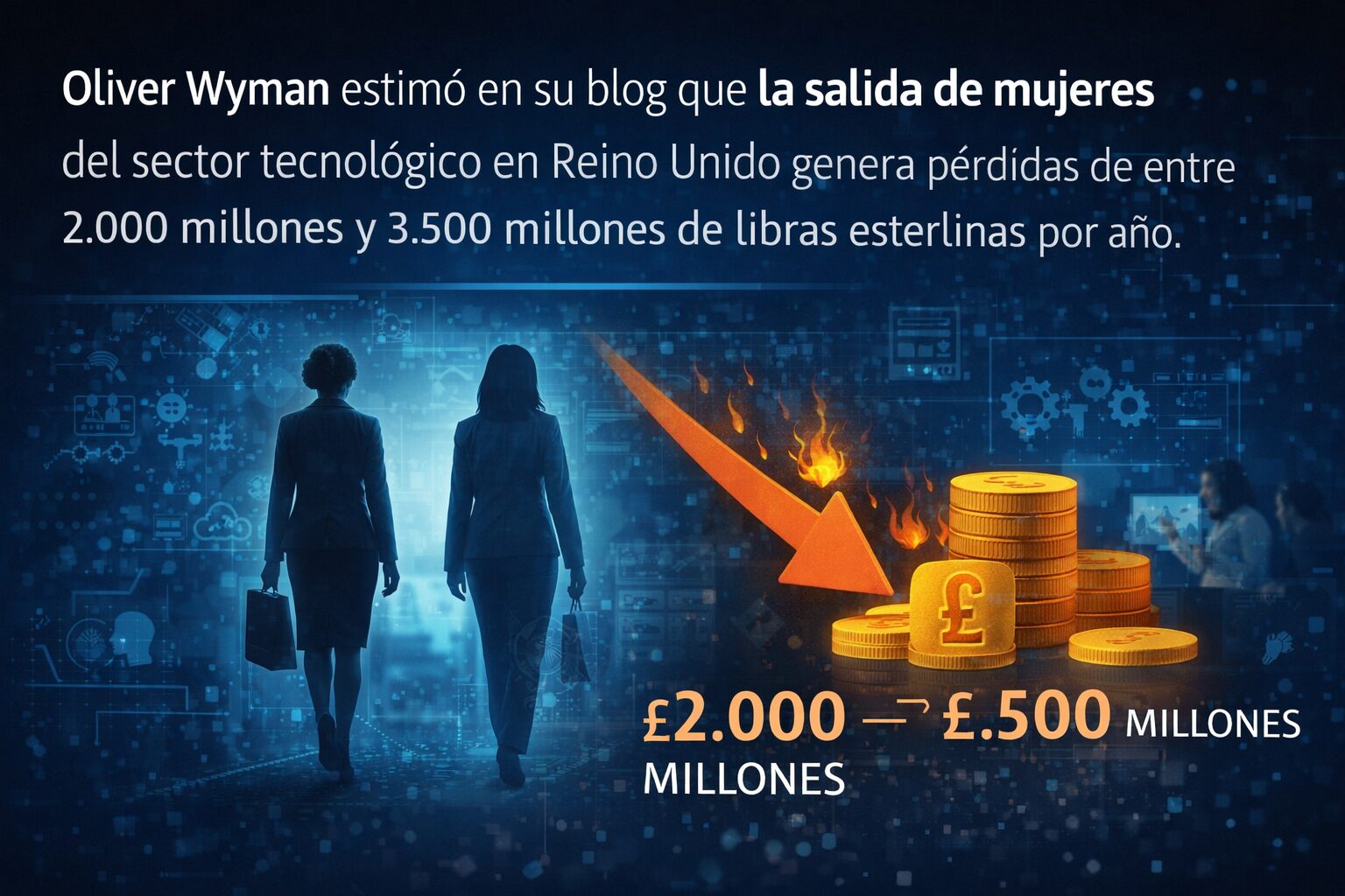 Ilustración sobre salida de mujeres del sector tech y pérdidas económicas, vinculada a diversidad en equipos tecnológicos y productividad