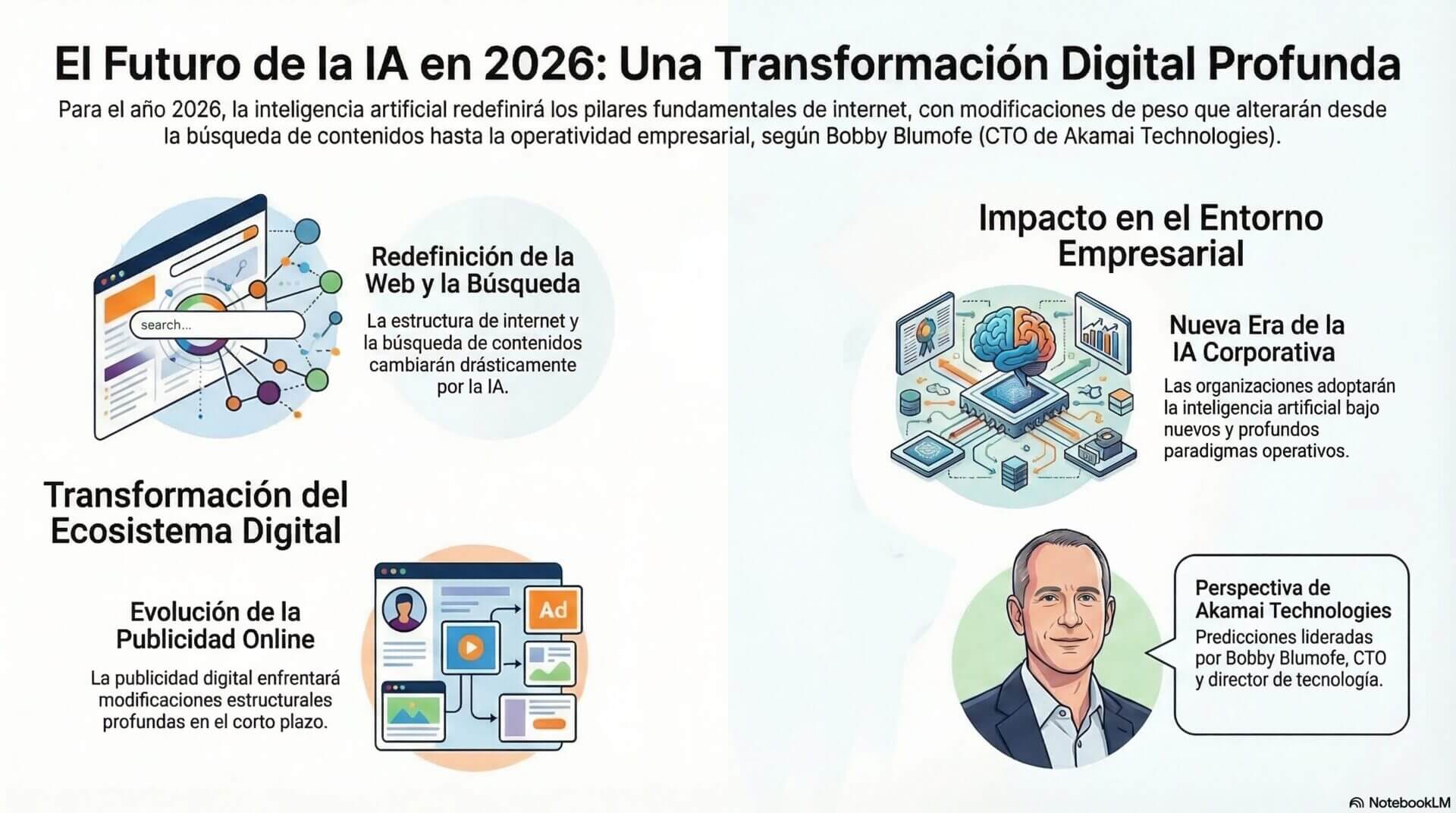 La imagen describe la evolución tecnológica prevista para 2026 dividida en tres ejes principales según las fuentes:
Navegación y Búsqueda: Se muestra la transición del modelo tradicional de "googlear" y el uso de enlaces o menús hacia interfaces de chat con IA que anticipan necesidades y actúan en nombre del usuario
.
IA Empresarial: Representa el cambio de los grandes chatbots generales a modelos de lenguaje pequeños y especializados (SLM) enfocados en resolver problemas de negocio concretos y resultados medibles, superando el fracaso de proyectos previos
.
Economía Digital: Ilustra el nuevo ecosistema publicitario basado en resultados generados por IA y la distinción entre empresas con "crédito de IA" (uso productivo) frente a aquellas con "deuda de IA" (acumulación de contenido sin valor).