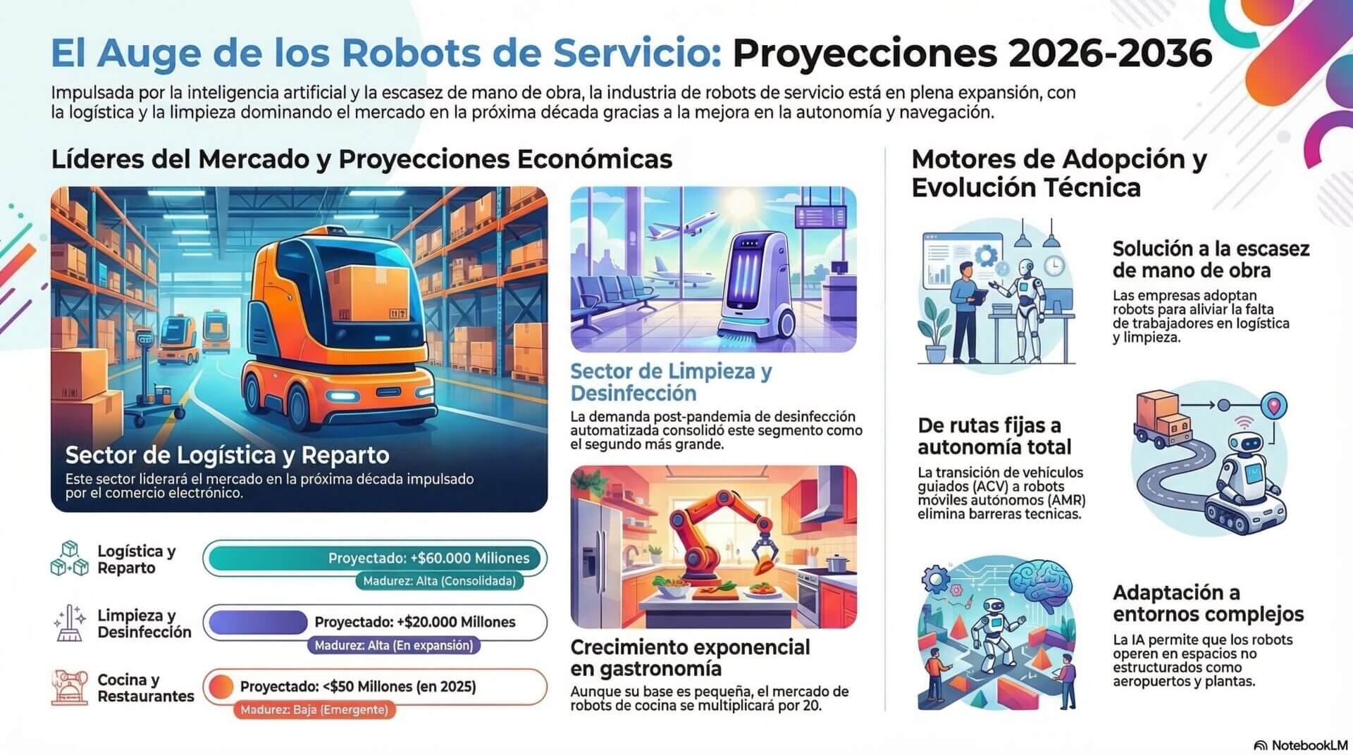 Gráfico informativo sobre robots de servicio que muestra el dominio del sector logístico y de limpieza hacia 2036. Incluye datos sobre el crecimiento de 20 veces en el mercado de robots de cocina y destaca cómo la autonomía y la IA ayudan a mitigar la escasez de mano de obra.