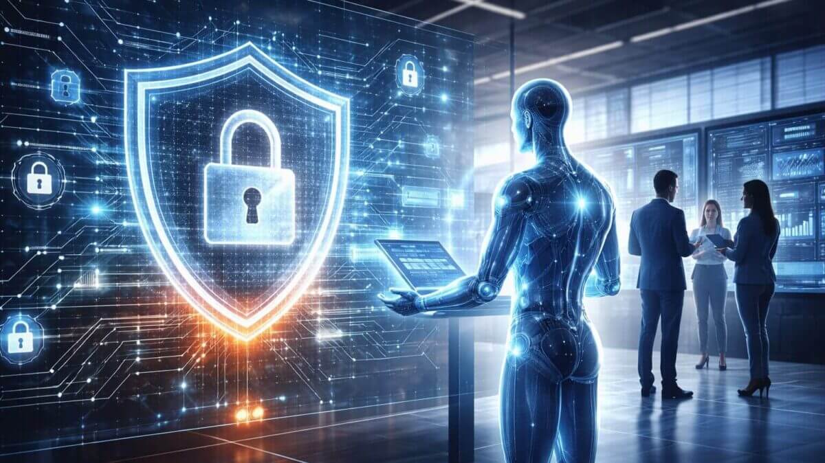 Ilustración de seguridad de agentes de IA en una empresa, con un agente digital frente a un panel con escudo y candado, mientras un equipo supervisa sistemas y datos.