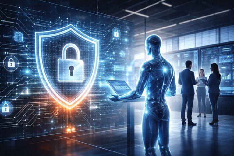 Ilustración de seguridad de agentes de IA en una empresa, con un agente digital frente a un panel con escudo y candado, mientras un equipo supervisa sistemas y datos.