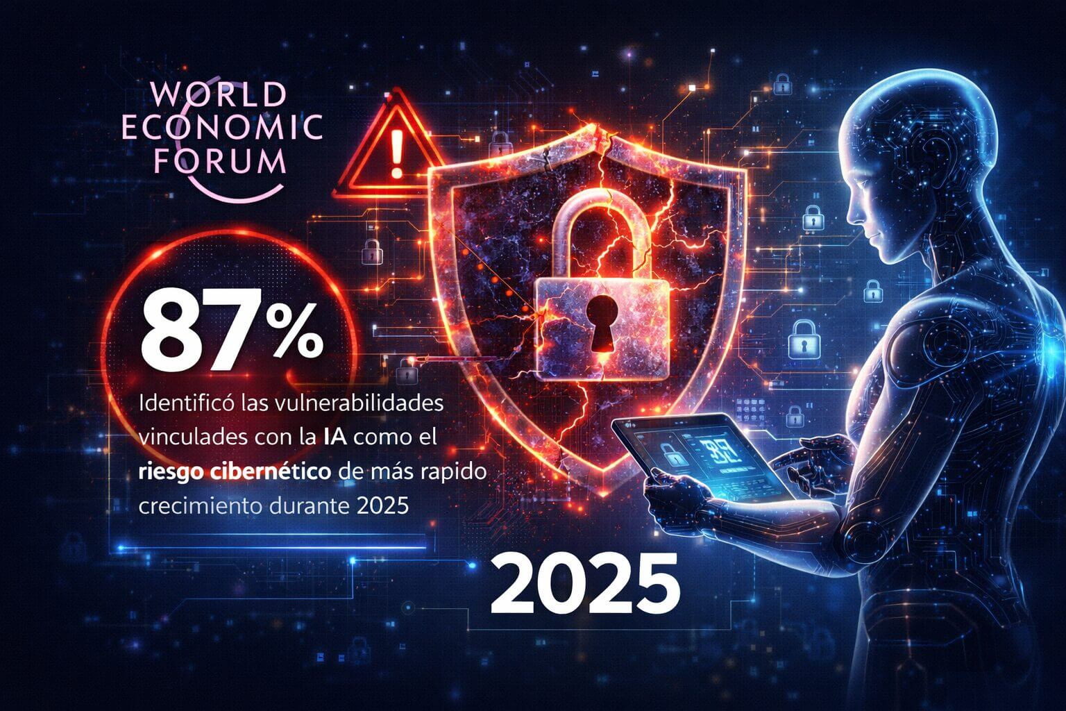 Gráfico sobre seguridad de agentes de IA con el dato del 87%, un escudo digital dañado, un candado y un agente artificial en un entorno de ciberseguridad empresarial.
