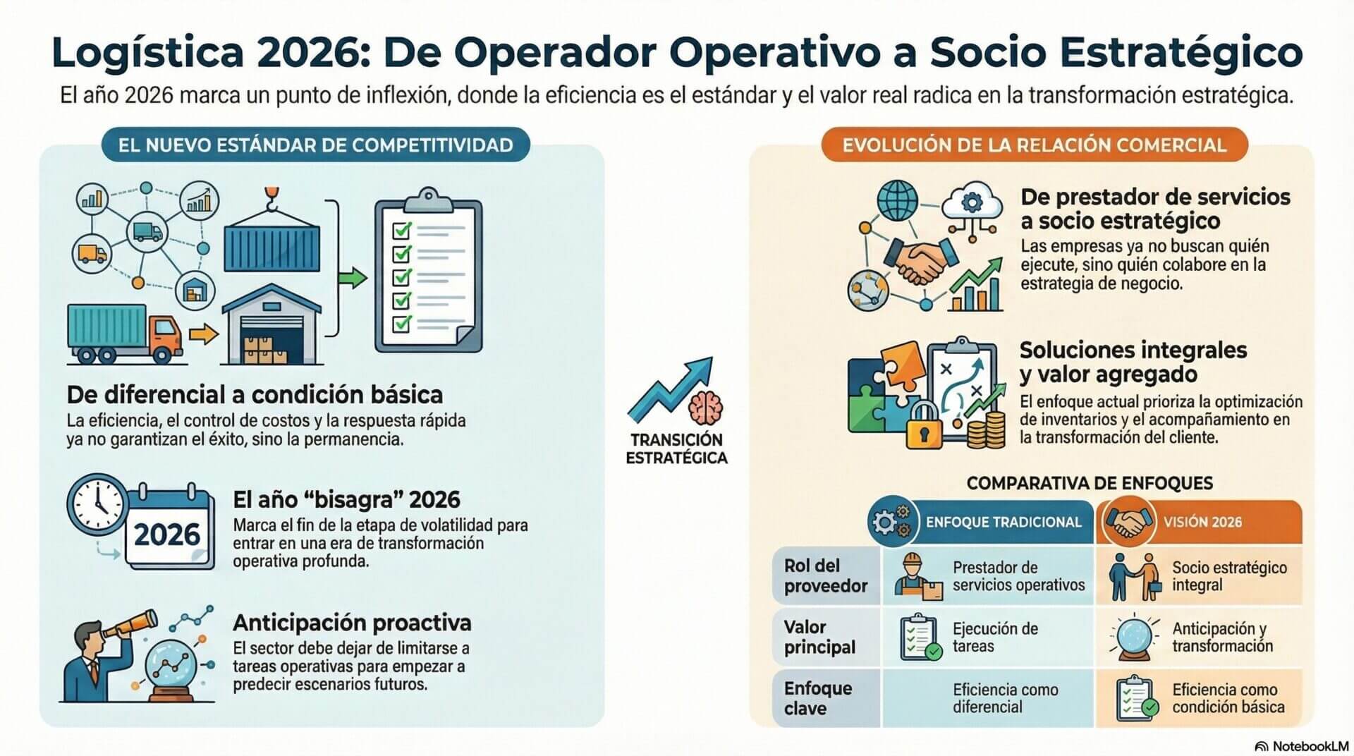 Infografía que describe el año bisagra 2026 para la logística, destacando la evolución desde la ejecución de tareas básicas hacia la creación de soluciones integrales y el acompañamiento en la transformación de los clientes.