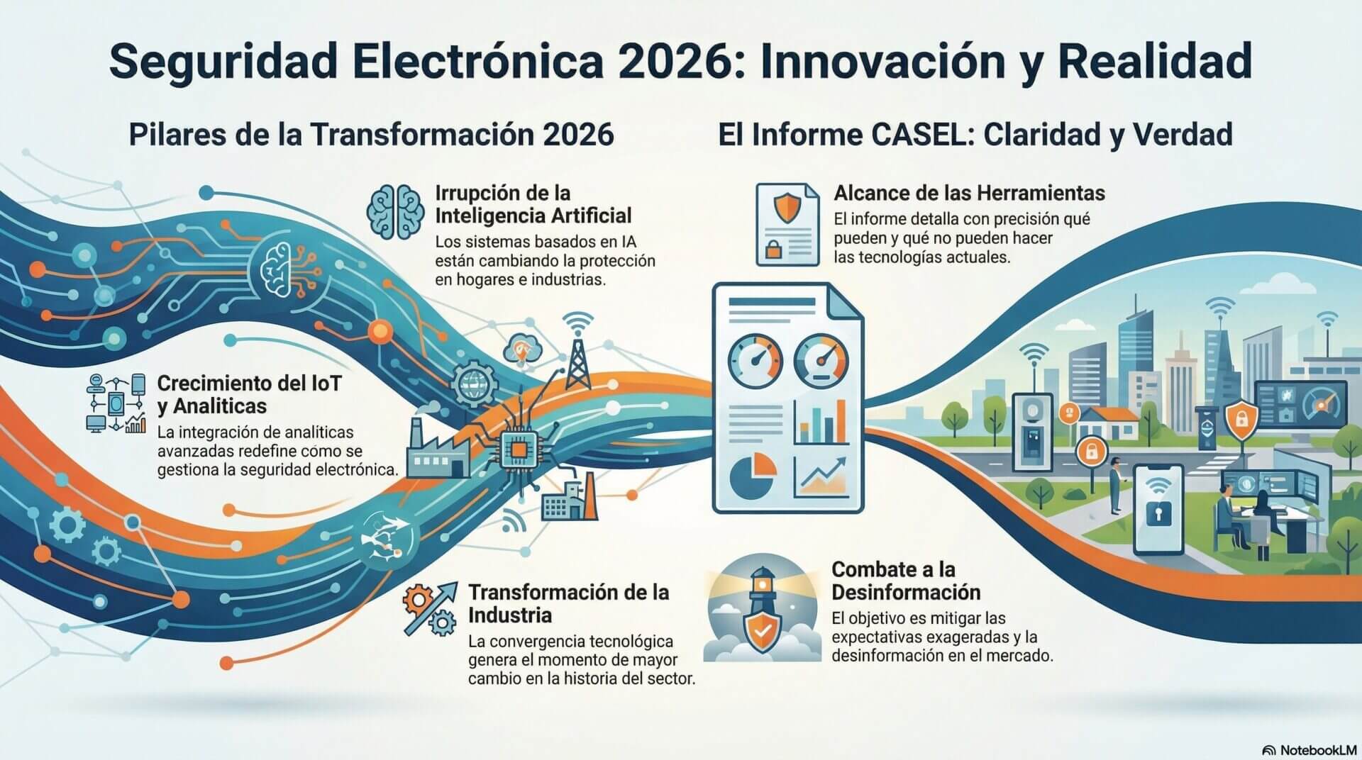 Infografía sobre tecnologías de seguridad en 2026 que muestra la integración de IA, IoT y analíticas avanzadas en hogares e industrias, destacando el informe de CASEL sobre las capacidades y limitaciones de estas herramientas para combatir la desinformación en el sector.