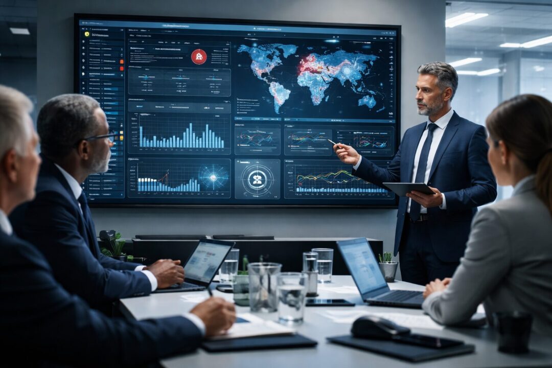 Ejecutivos analizan un panel de ciberseguridad en una reunión corporativa sobre SOC y capacidad de respuesta ante incidentes.