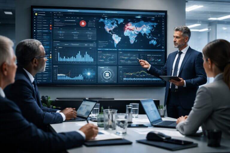 Ejecutivos analizan un panel de ciberseguridad en una reunión corporativa sobre SOC y capacidad de respuesta ante incidentes.