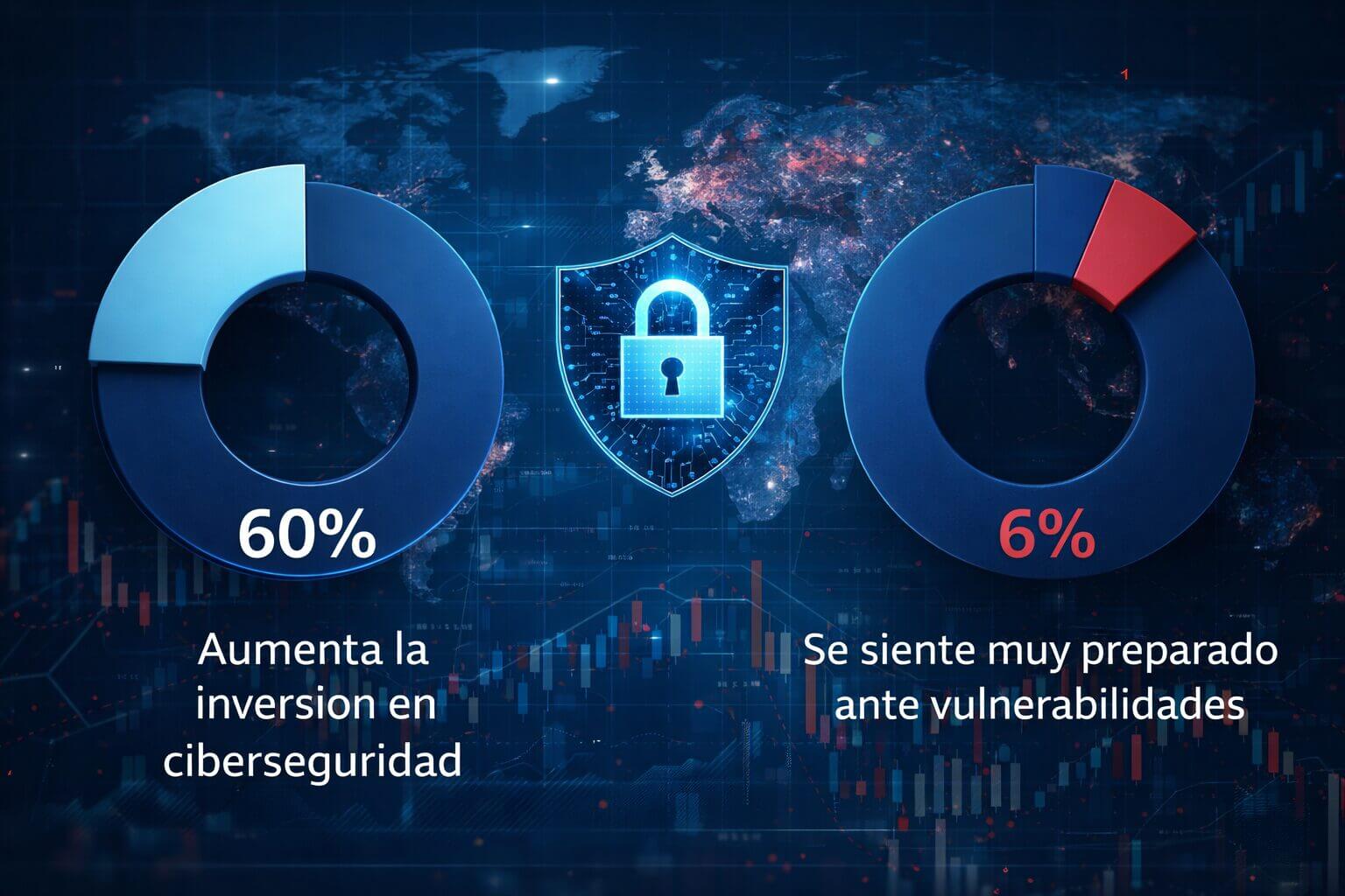 Gráfico sobre SOC y ciberseguridad con dos indicadores: 60% de ejecutivos aumenta la inversión y solo 6% se siente muy preparado ante vulnerabilidades.