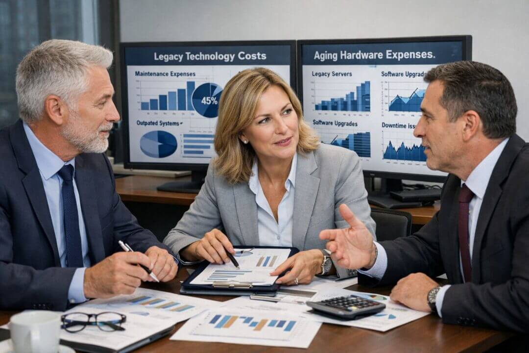 Reunión de trabajo, negocios, oficina, ejecutivos, planificación: La deuda técnica drena caja, encarece proyectos y obliga a destinar hasta 87% del presupuesto de TI al sostén diario, justo cuando la IA exige recursos frescos para competir.