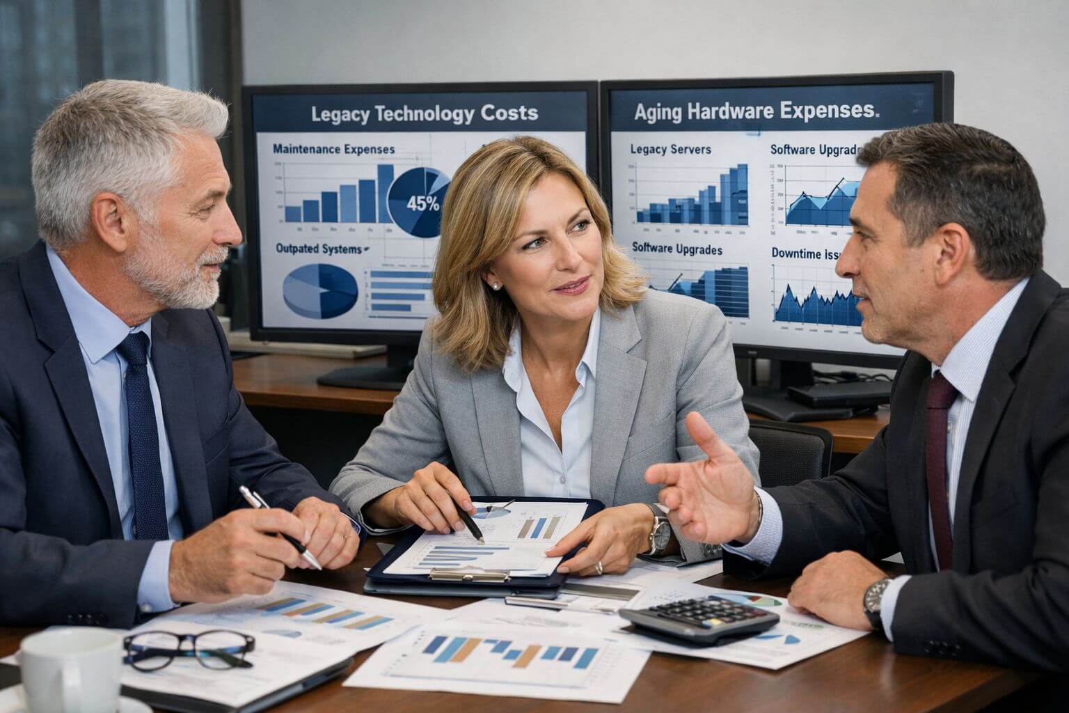 Reunión de trabajo, negocios, oficina, ejecutivos, planificación: La deuda técnica drena caja, encarece proyectos y obliga a destinar hasta 87% del presupuesto de TI al sostén diario, justo cuando la IA exige recursos frescos para competir.