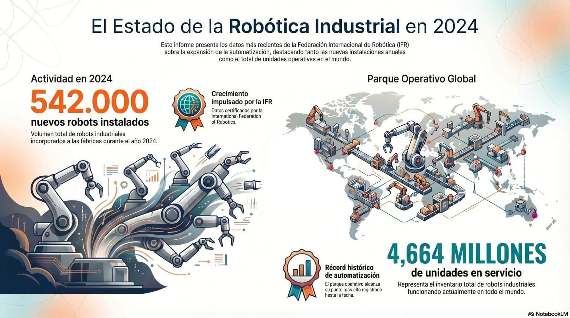 En 2024 se instalaron 542.000 robots industriales en el mundo y el parque operativo global ya alcanzó 4,664 millones de unidades, según la International Federation of Robotics (IFR).