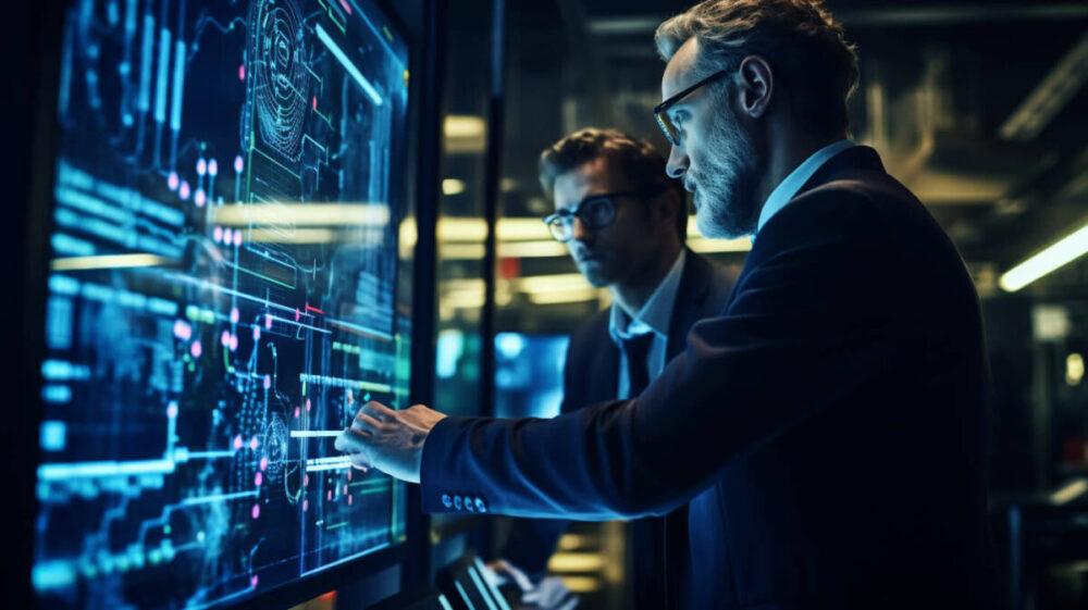 Dos ejecutivos analizan datos en una pantalla digital, una escena que representa cómo los agentes de IA pueden integrarse a la analítica empresarial.