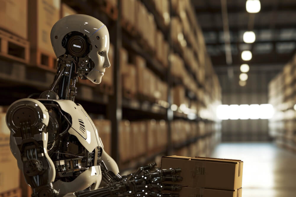 Robot humanoide manipula una caja en un almacén con estanterías, en una imagen conceptual sobre robots, automatización logística e IA.