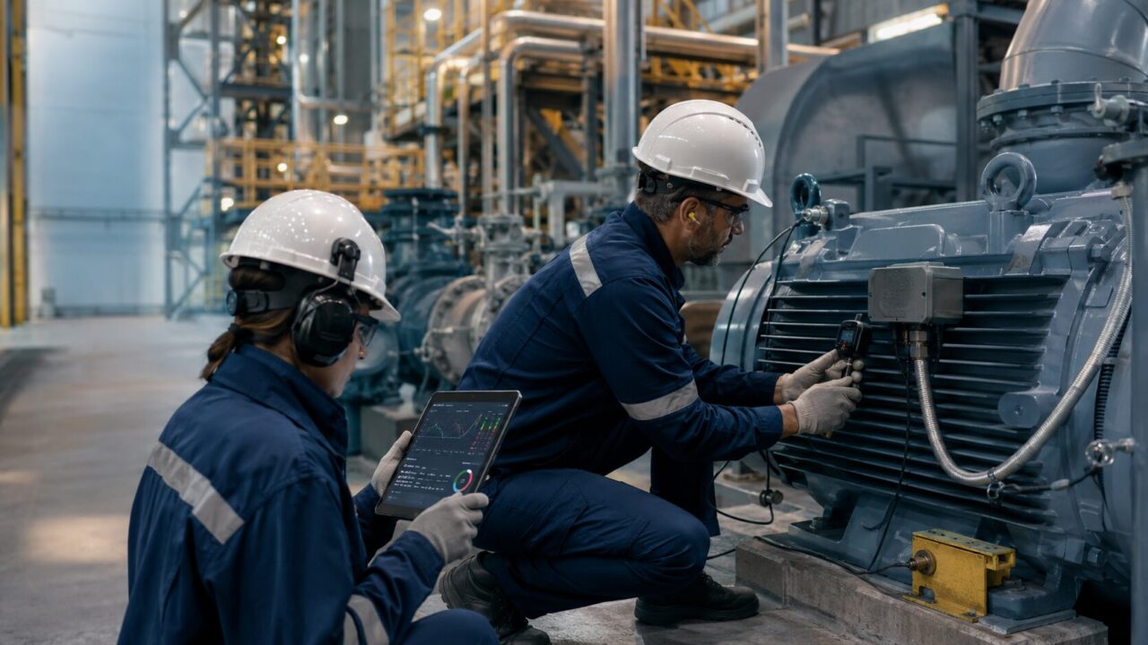 Dos técnicos con casco revisan un motor industrial con sensores y una tableta de datos para mantenimiento predictivo en industria pesada.