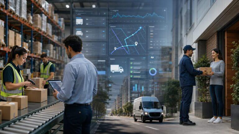 Operarios preparan paquetes en un depósito, un panel digital muestra rutas y métricas, y un repartidor entrega un pedido; escena sobre software logistico aplicado a la última milla.