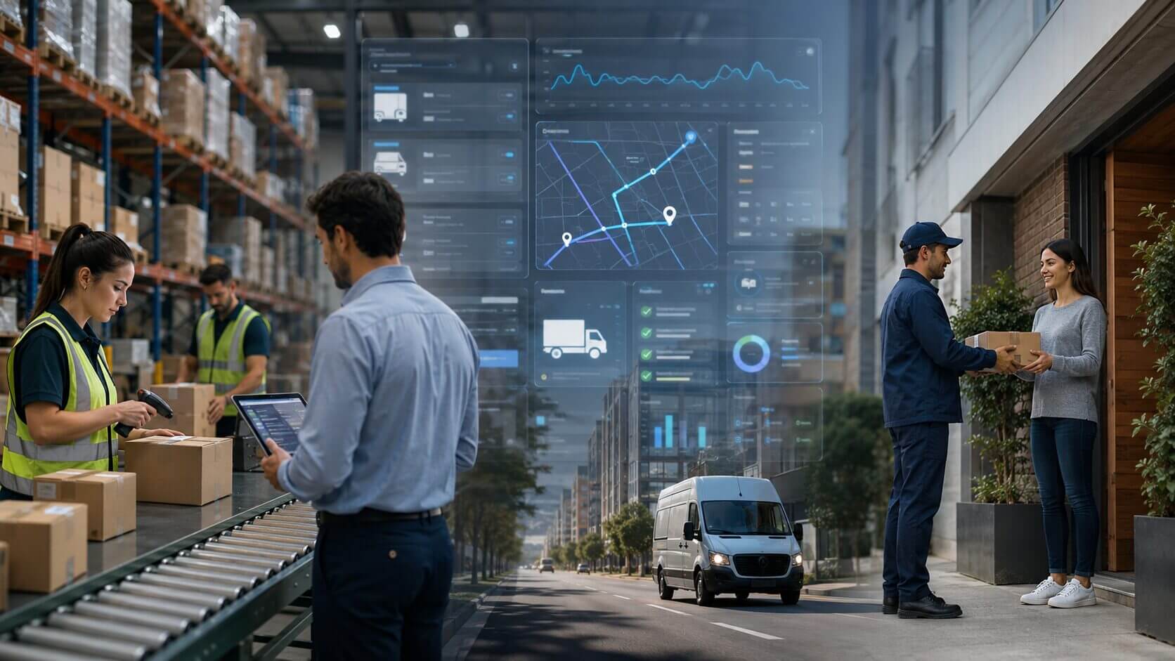 Operarios preparan paquetes en un depósito, un panel digital muestra rutas y métricas, y un repartidor entrega un pedido; escena sobre software logistico aplicado a la última milla.