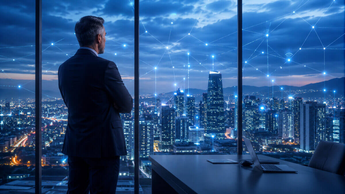 Ejecutivo observa desde una oficina una ciudad conectada con líneas digitales, imagen que representa APIs de red, 5G avanzado y servicios telco empresariales.