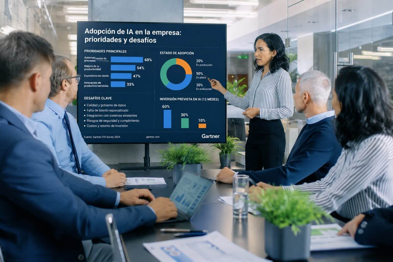 Ejecutiva presenta a un comité directivo un dashboard sobre estrategia de IA, presupuesto tecnológico, adopción empresarial y optimización de costos IT.