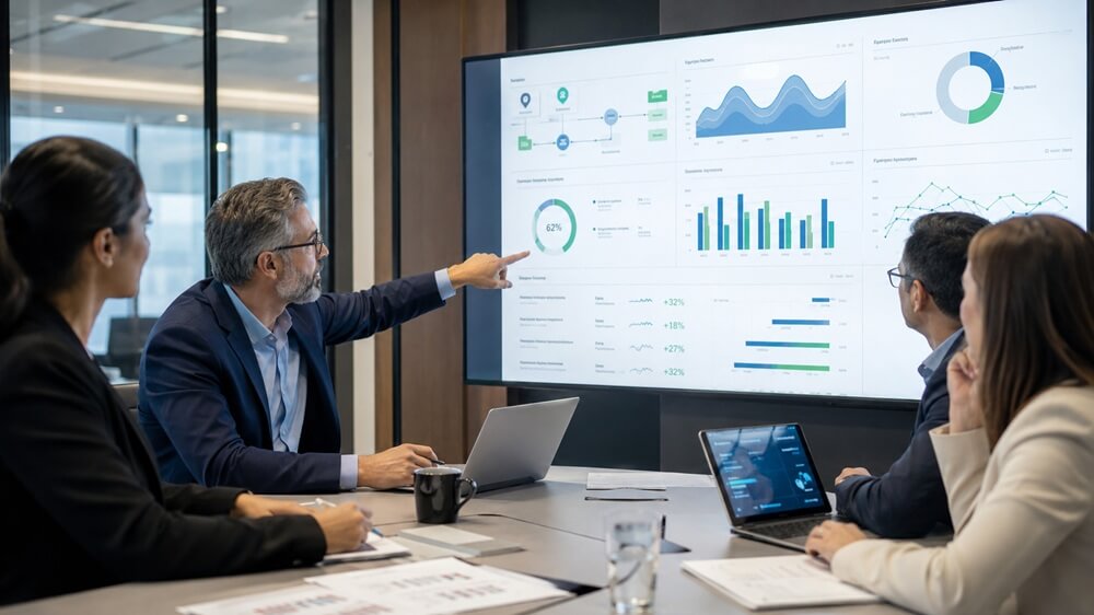 CIOs y adopción de IA en una reunión ejecutiva, revisando métricas de ROI, productividad y gobierno tecnológico en una pantalla corporativa.