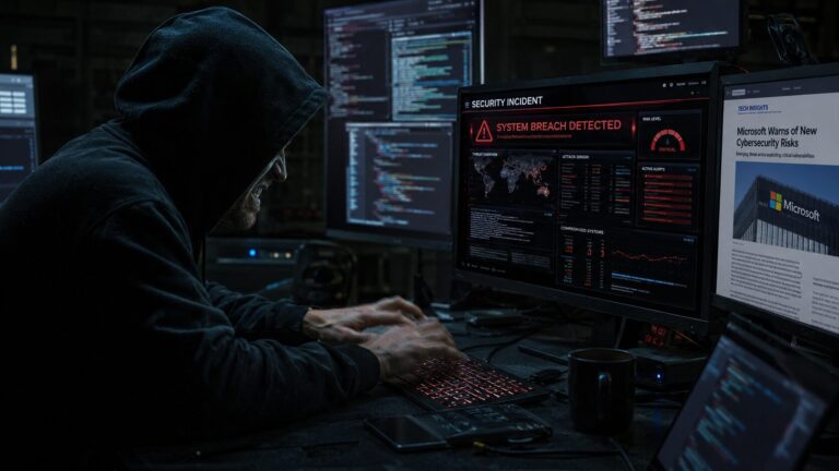 Hacker con capucha escribiendo frente a monitores con alertas de ciberseguridad, en una escena que ilustra Exploit Wednesday y el riesgo para empresas que usan sistemas Microsoft.